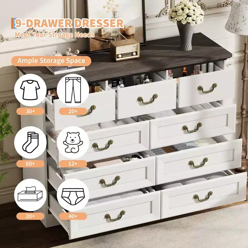 9-Drawer Dresser for Bedroom, Modern Wooden Chest of Drawers, Anti-Tipping Design, Sturdy and Stable Storage Organizer for Living Room, Entryway