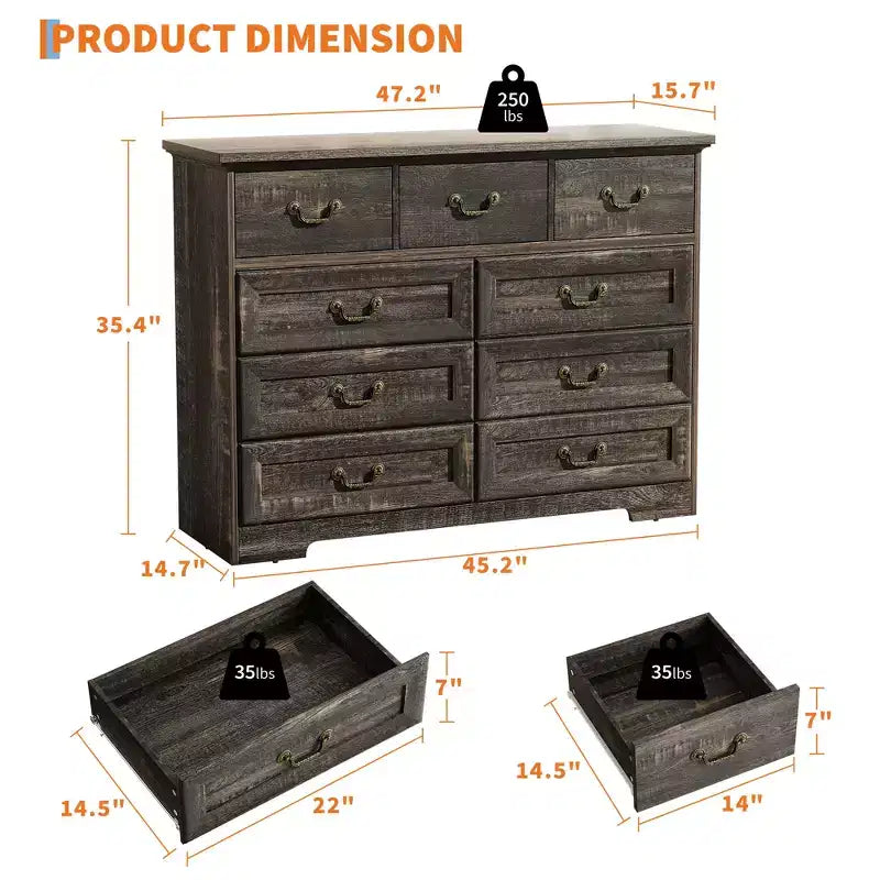 9-Drawer Dresser for Bedroom, Modern Wooden Chest of Drawers, Anti-Tipping Design, Sturdy and Stable Storage Organizer for Living Room, Entryway