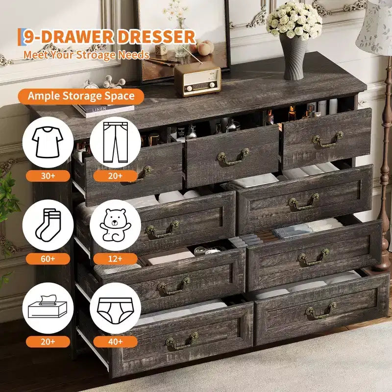 9-Drawer Dresser for Bedroom, Modern Wooden Chest of Drawers, Anti-Tipping Design, Sturdy and Stable Storage Organizer for Living Room, Entryway
