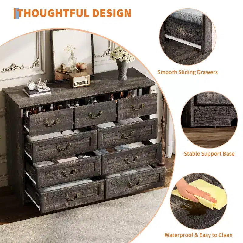 9-Drawer Dresser for Bedroom, Modern Wooden Chest of Drawers, Anti-Tipping Design, Sturdy and Stable Storage Organizer for Living Room, Entryway