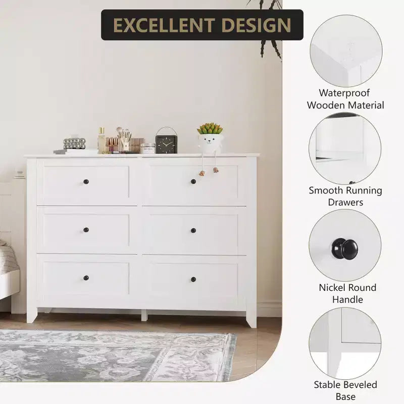 6 Drawers Dresser for Bedroom, Modern Dresser with Deep Drawers and Nickel Round Handle, Wooden Bedroom Drawer Dresser,for Bedroom,Living Room