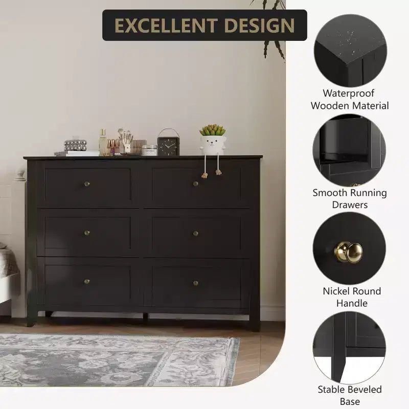 6 Drawers Dresser for Bedroom, Modern Dresser with Deep Drawers and Nickel Round Handle, Wooden Bedroom Drawer Dresser,for Bedroom,Living Room