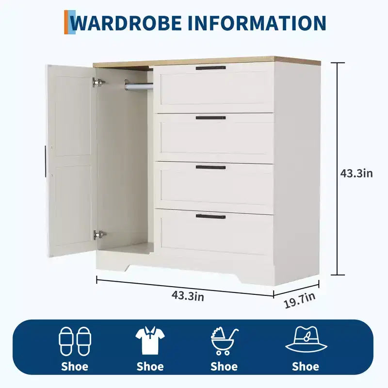Storage cabinet with Drawers and Door, Small Bedroom Wardrobe Cabinet, Clothing Storage Cabinets, Dresser with Storage Closet,for Hallway, Bedroom