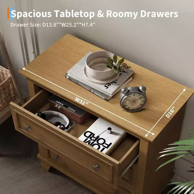 Black 3 Drawer Dresser for Bedroom, Wide Chest of Drawers with Vintage Handle, Modern Wood Dresser Wide Nightstand Cabinet for Living Room