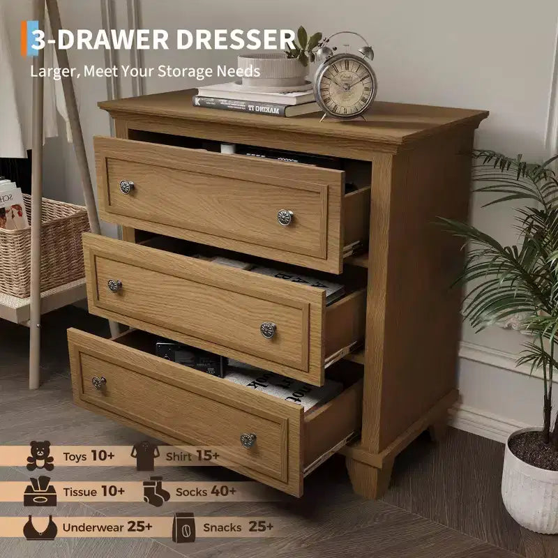 Black 3 Drawer Dresser for Bedroom, Wide Chest of Drawers with Vintage Handle, Modern Wood Dresser Wide Nightstand Cabinet for Living Room