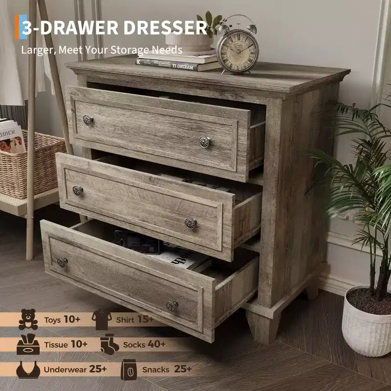 Black 3 Drawer Dresser for Bedroom, Wide Chest of Drawers with Vintage Handle, Modern Wood Dresser Wide Nightstand Cabinet for Living Room