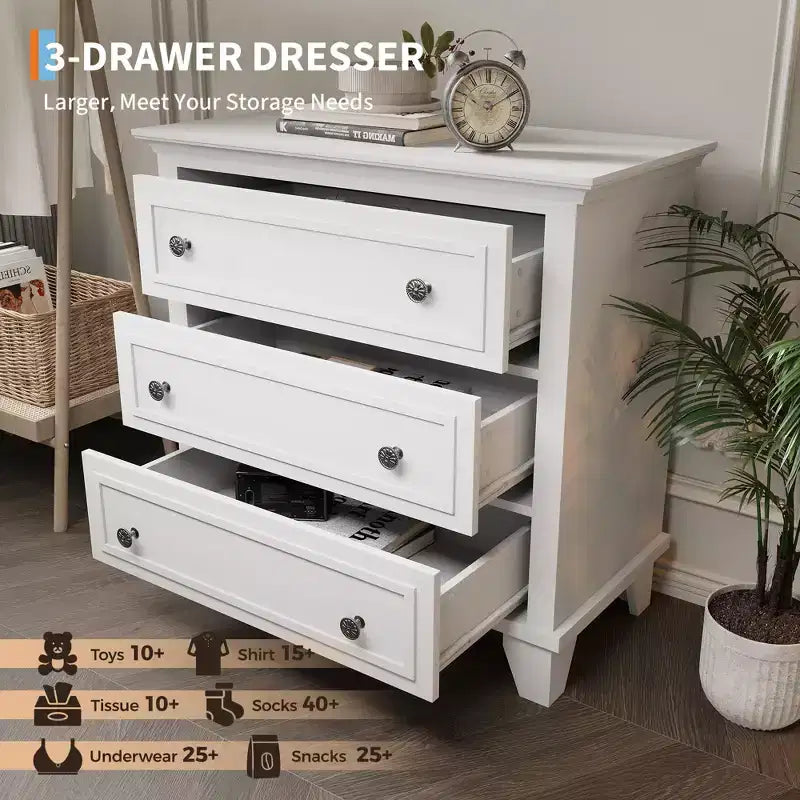 Black 3 Drawer Dresser for Bedroom, Wide Chest of Drawers with Vintage Handle, Modern Wood Dresser Wide Nightstand Cabinet for Living Room