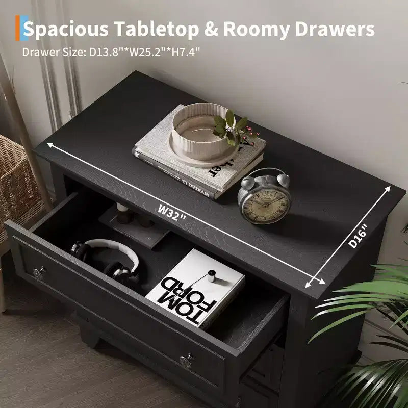 Black 3 Drawer Dresser for Bedroom, Wide Chest of Drawers with Vintage Handle, Modern Wood Dresser Wide Nightstand Cabinet for Living Room