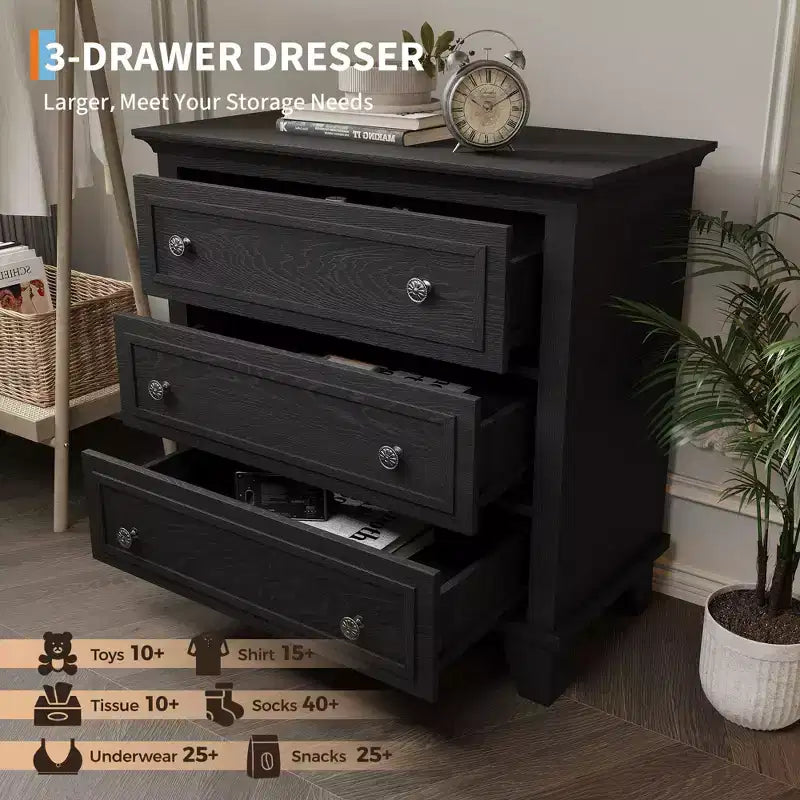 Black 3 Drawer Dresser for Bedroom, Wide Chest of Drawers with Vintage Handle, Modern Wood Dresser Wide Nightstand Cabinet for Living Room