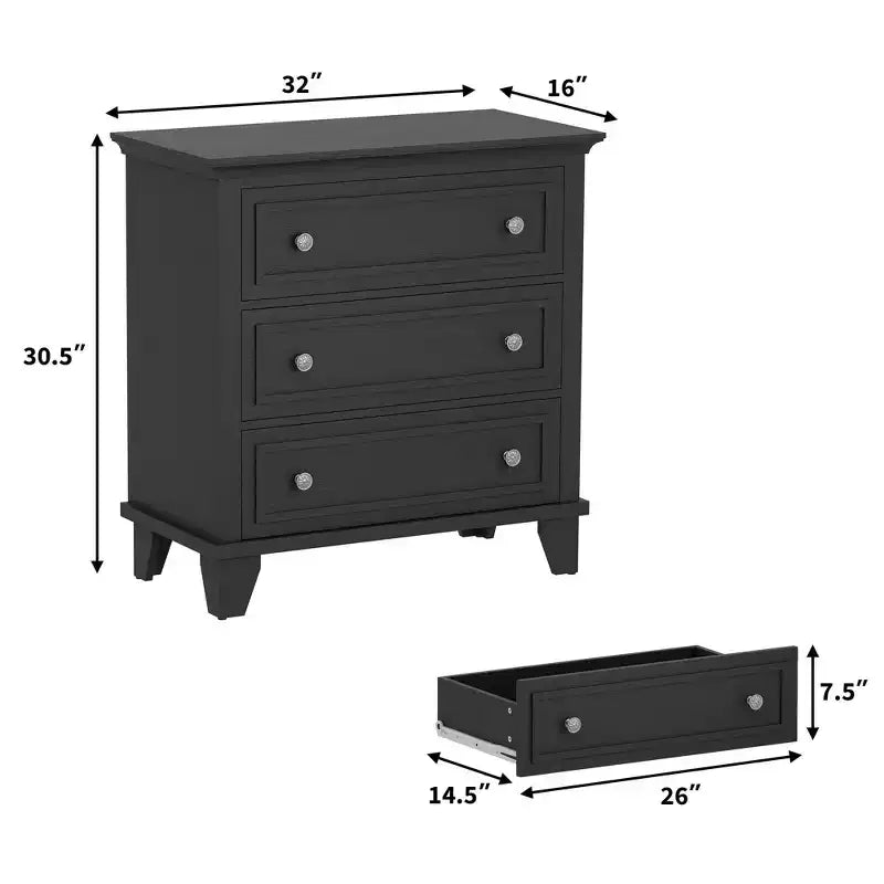 Black 3 Drawer Dresser for Bedroom, Wide Chest of Drawers with Vintage Handle, Modern Wood Dresser Wide Nightstand Cabinet for Living Room