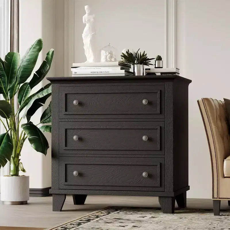 Black 3 Drawer Dresser for Bedroom, Wide Chest of Drawers with Vintage Handle, Modern Wood Dresser Wide Nightstand Cabinet for Living Room