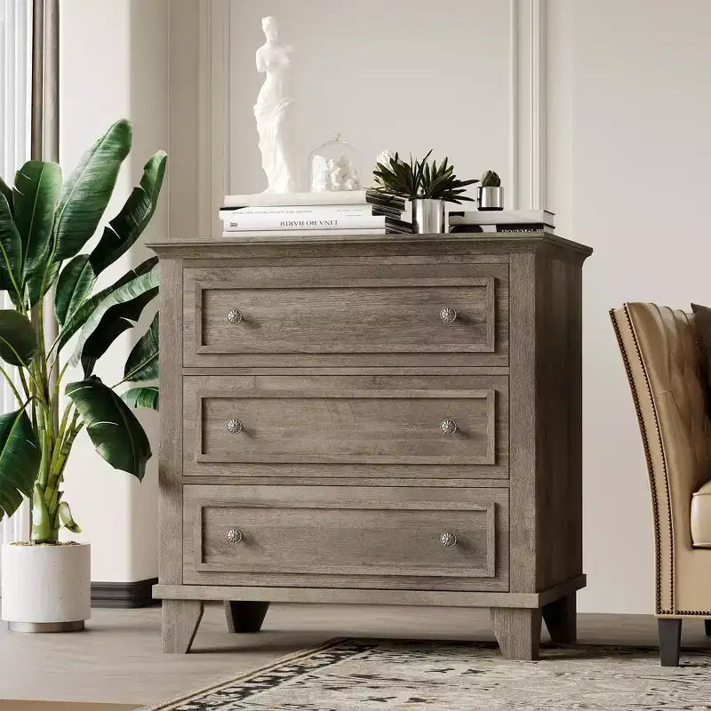 Black 3 Drawer Dresser for Bedroom, Wide Chest of Drawers with Vintage Handle, Modern Wood Dresser Wide Nightstand Cabinet for Living Room