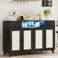 2 Drawers Rattan Cabinet with Power Outlet and LED Lights, Boho Sideboard Buffet with Large Storage Space