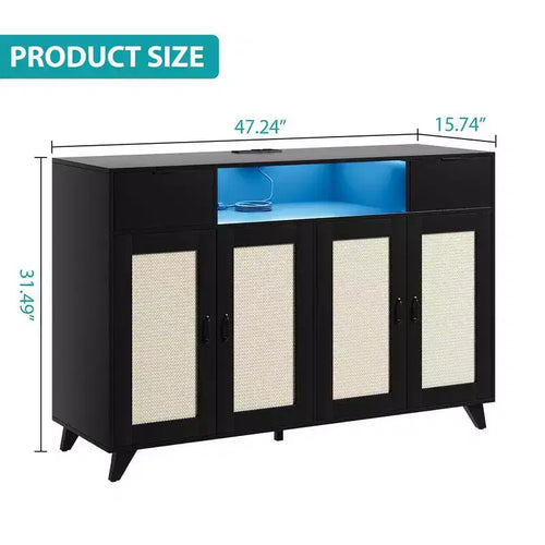 2 Drawers Rattan Cabinet with Power Outlet and LED Lights, Boho Sideboard Buffet with Large Storage Space