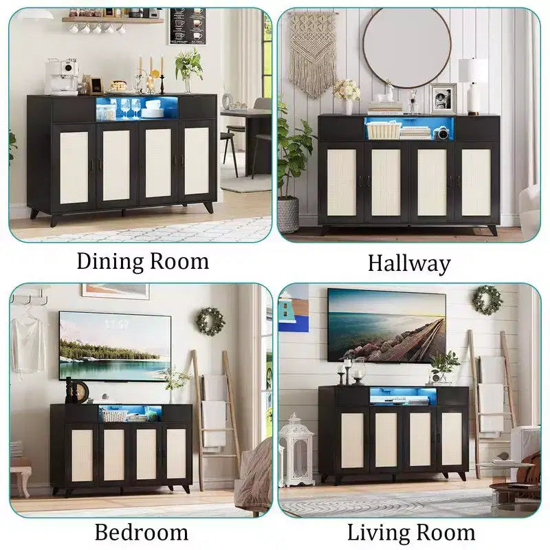 2 Drawers Rattan Cabinet with Power Outlet and LED Lights, Boho Sideboard Buffet with Large Storage Space
