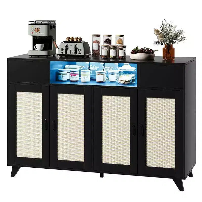 2 Drawers Rattan Cabinet with Power Outlet and LED Lights, Boho Sideboard Buffet with Large Storage Space