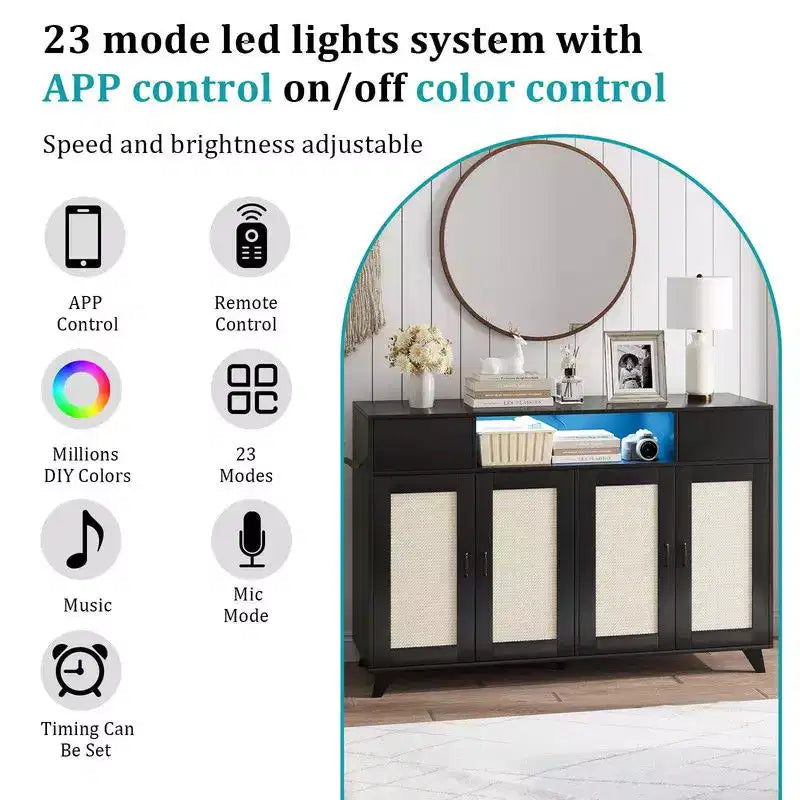 2 Drawers Rattan Cabinet with Power Outlet and LED Lights, Boho Sideboard Buffet with Large Storage Space