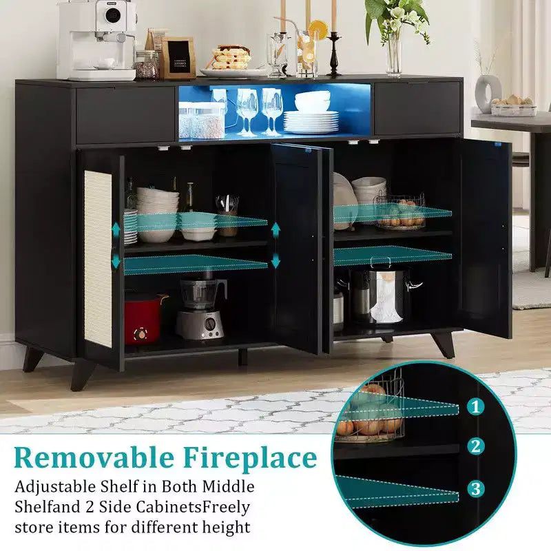 2 Drawers Rattan Cabinet with Power Outlet and LED Lights, Boho Sideboard Buffet with Large Storage Space