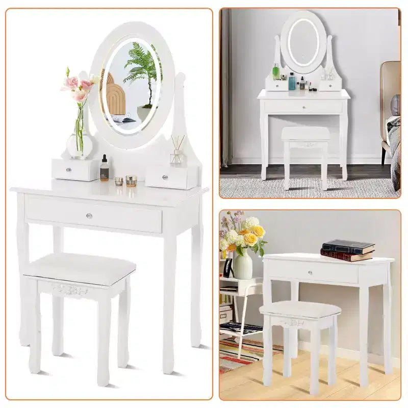 TROPOW Vanity Table with Mirror C White Makeup Dressing Desk with Stool, 3 Drawers for Bedroom