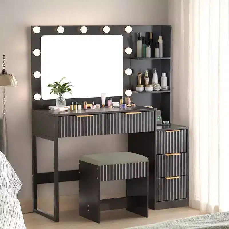 White Particle Board Veneered with Textured Melamine, 5-drawer 2-tier Shelf, comes with 11 Three-color Dimmable Bulbs, Dressing Table Set