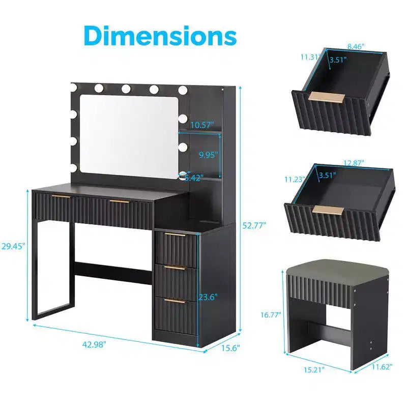 White Particle Board Veneered with Textured Melamine, 5-drawer 2-tier Shelf, comes with 11 Three-color Dimmable Bulbs, Dressing Table Set