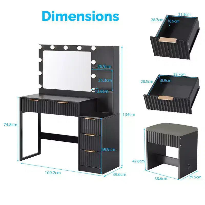 White Particle Board Veneered with Textured Melamine, 5-drawer 2-tier Shelf, comes with 11 Three-color Dimmable Bulbs, Dressing Table Set