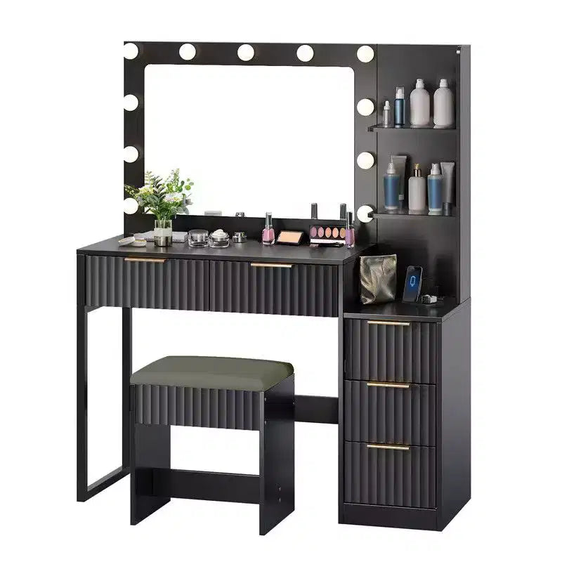 White Particle Board Veneered with Textured Melamine, 5-drawer 2-tier Shelf, comes with 11 Three-color Dimmable Bulbs, Dressing Table Set