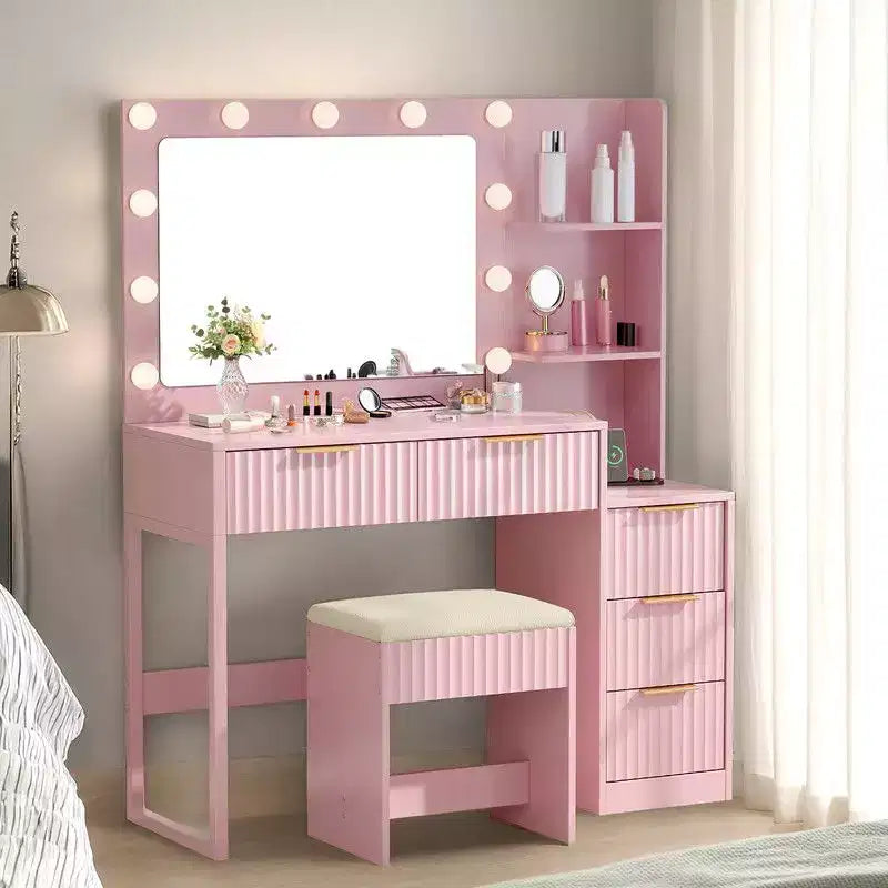 White Particle Board Veneered with Textured Melamine, 5-drawer 2-tier Shelf, comes with 11 Three-color Dimmable Bulbs, Dressing Table Set