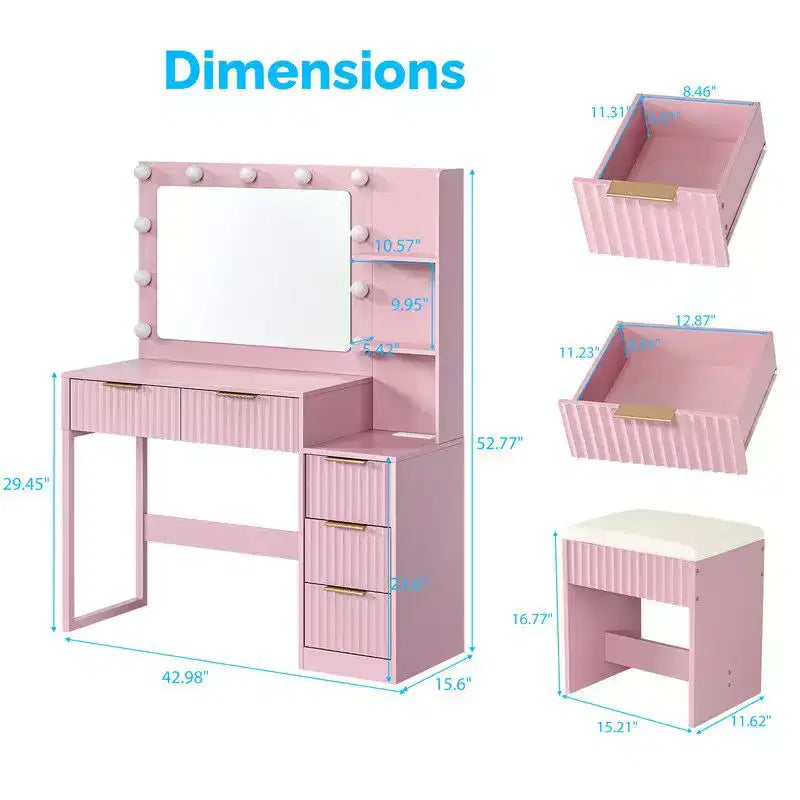 White Particle Board Veneered with Textured Melamine, 5-drawer 2-tier Shelf, comes with 11 Three-color Dimmable Bulbs, Dressing Table Set
