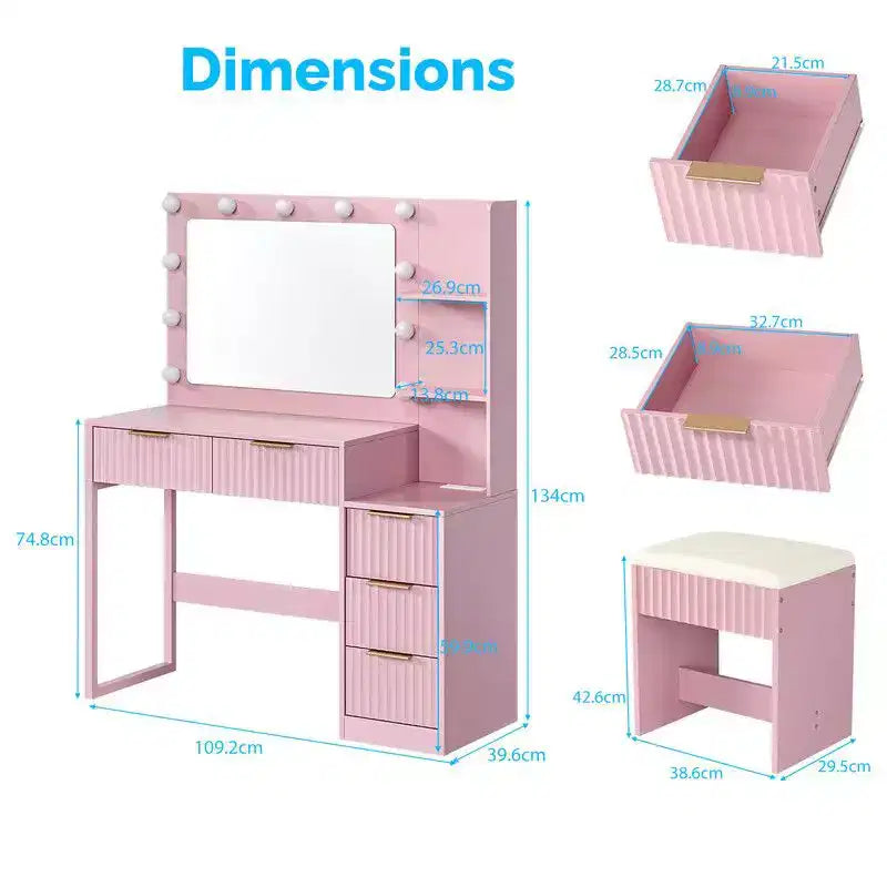 White Particle Board Veneered with Textured Melamine, 5-drawer 2-tier Shelf, comes with 11 Three-color Dimmable Bulbs, Dressing Table Set