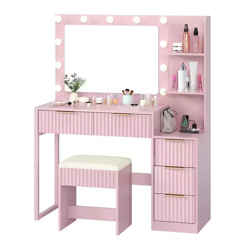 White Particle Board Veneered with Textured Melamine, 5-drawer 2-tier Shelf, comes with 11 Three-color Dimmable Bulbs, Dressing Table Set