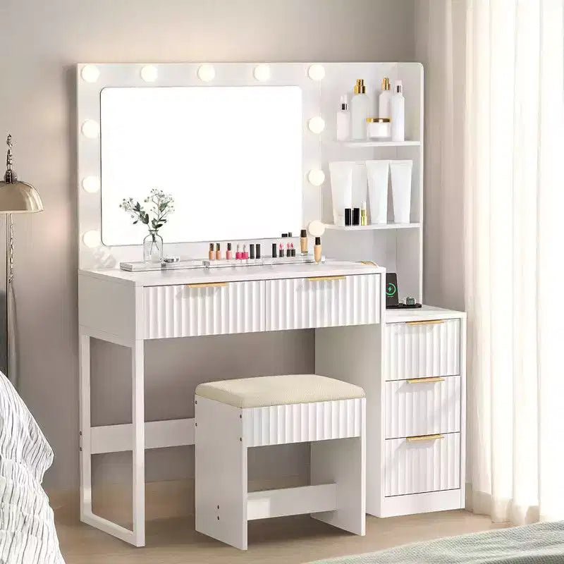White Particle Board Veneered with Textured Melamine, 5-drawer 2-tier Shelf, comes with 11 Three-color Dimmable Bulbs, Dressing Table Set