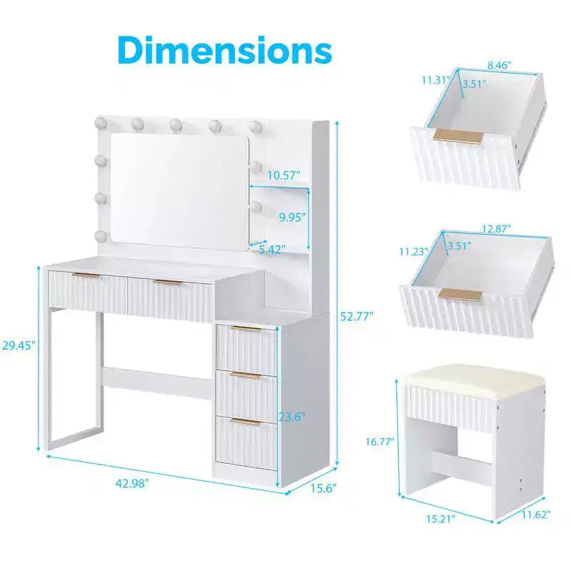 White Particle Board Veneered with Textured Melamine, 5-drawer 2-tier Shelf, comes with 11 Three-color Dimmable Bulbs, Dressing Table Set