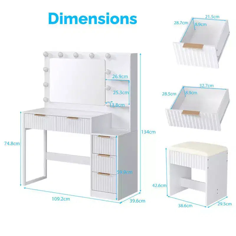 White Particle Board Veneered with Textured Melamine, 5-drawer 2-tier Shelf, comes with 11 Three-color Dimmable Bulbs, Dressing Table Set