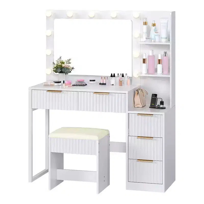 White Particle Board Veneered with Textured Melamine, 5-drawer 2-tier Shelf, comes with 11 Three-color Dimmable Bulbs, Dressing Table Set
