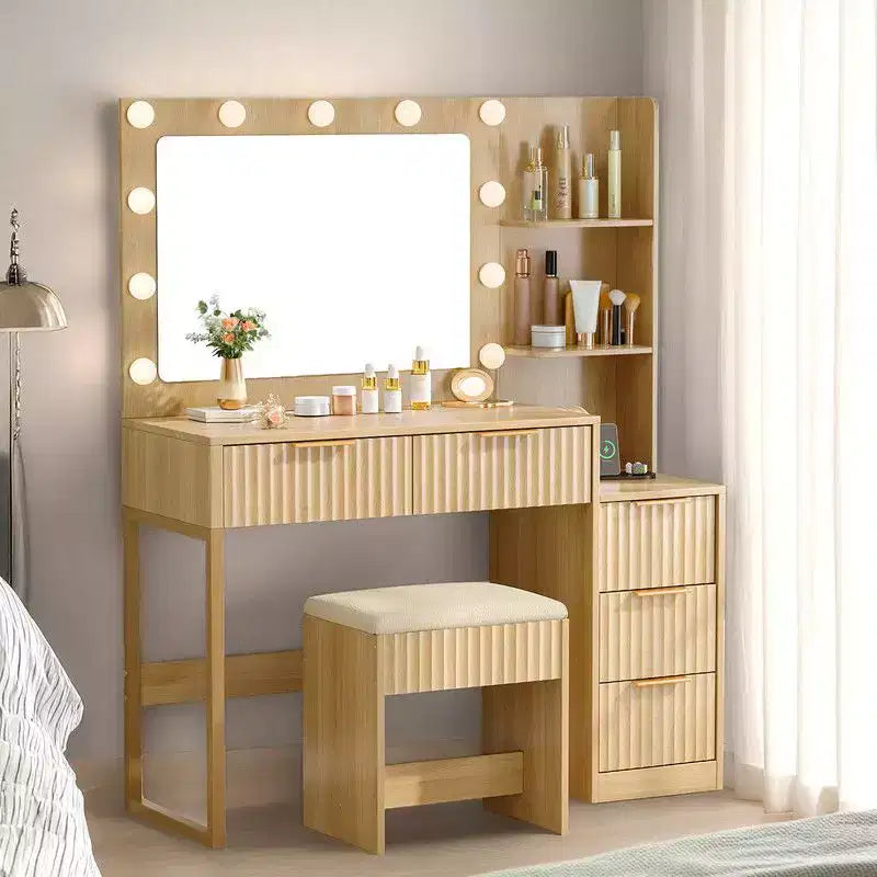White Particle Board Veneered with Textured Melamine, 5-drawer 2-tier Shelf, comes with 11 Three-color Dimmable Bulbs, Dressing Table Set