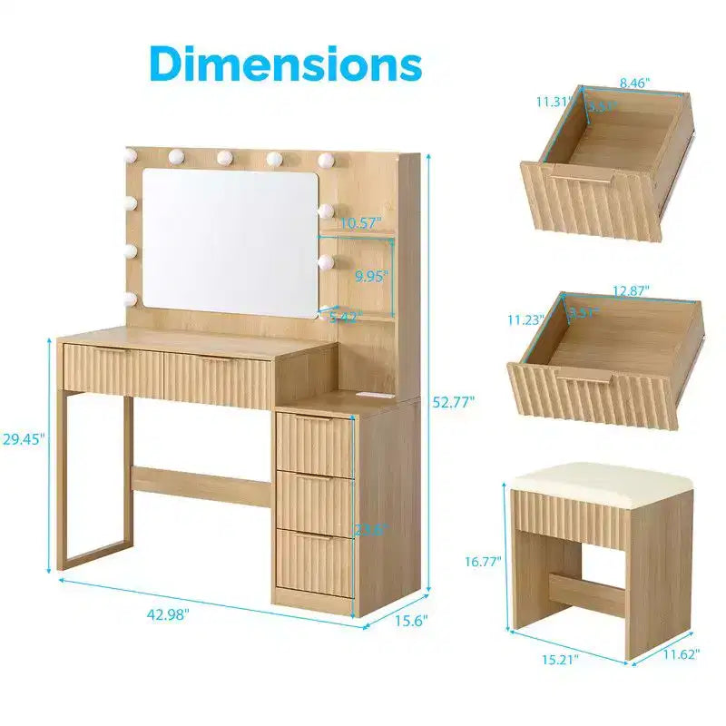 White Particle Board Veneered with Textured Melamine, 5-drawer 2-tier Shelf, comes with 11 Three-color Dimmable Bulbs, Dressing Table Set