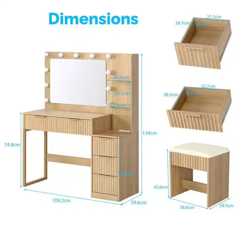 White Particle Board Veneered with Textured Melamine, 5-drawer 2-tier Shelf, comes with 11 Three-color Dimmable Bulbs, Dressing Table Set