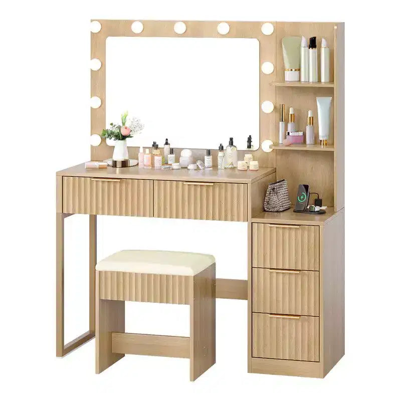 White Particle Board Veneered with Textured Melamine, 5-drawer 2-tier Shelf, comes with 11 Three-color Dimmable Bulbs, Dressing Table Set