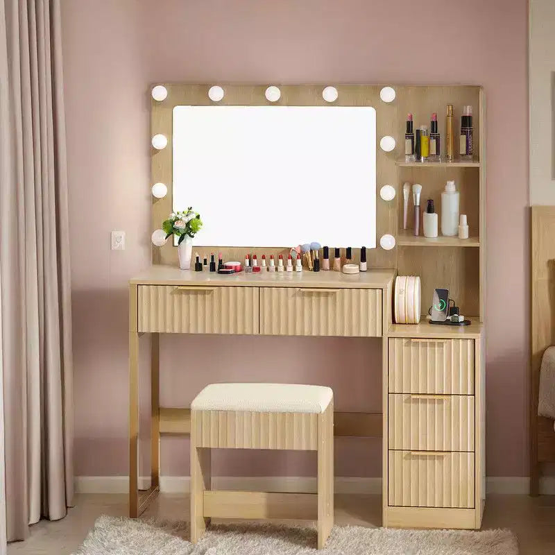 White Particle Board Veneered with Textured Melamine, 5-drawer 2-tier Shelf, comes with 11 Three-color Dimmable Bulbs, Dressing Table Set