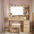 White Particle Board Veneered with Textured Melamine, 5-drawer 2-tier Shelf, comes with 11 Three-color Dimmable Bulbs, Dressing Table Set