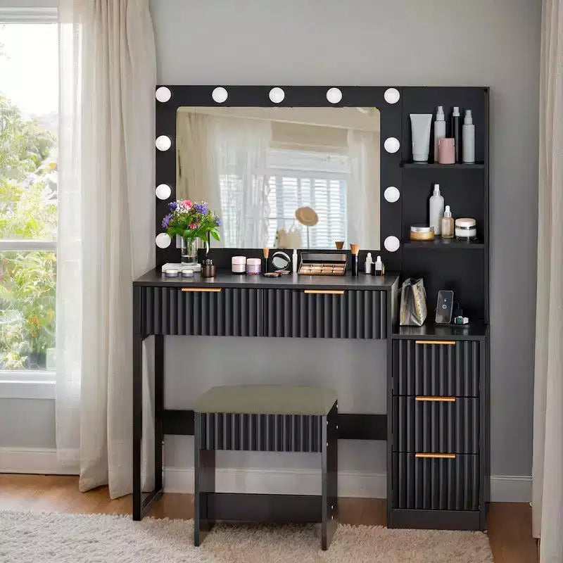 White Particle Board Veneered with Textured Melamine, 5-drawer 2-tier Shelf, comes with 11 Three-color Dimmable Bulbs, Dressing Table Set