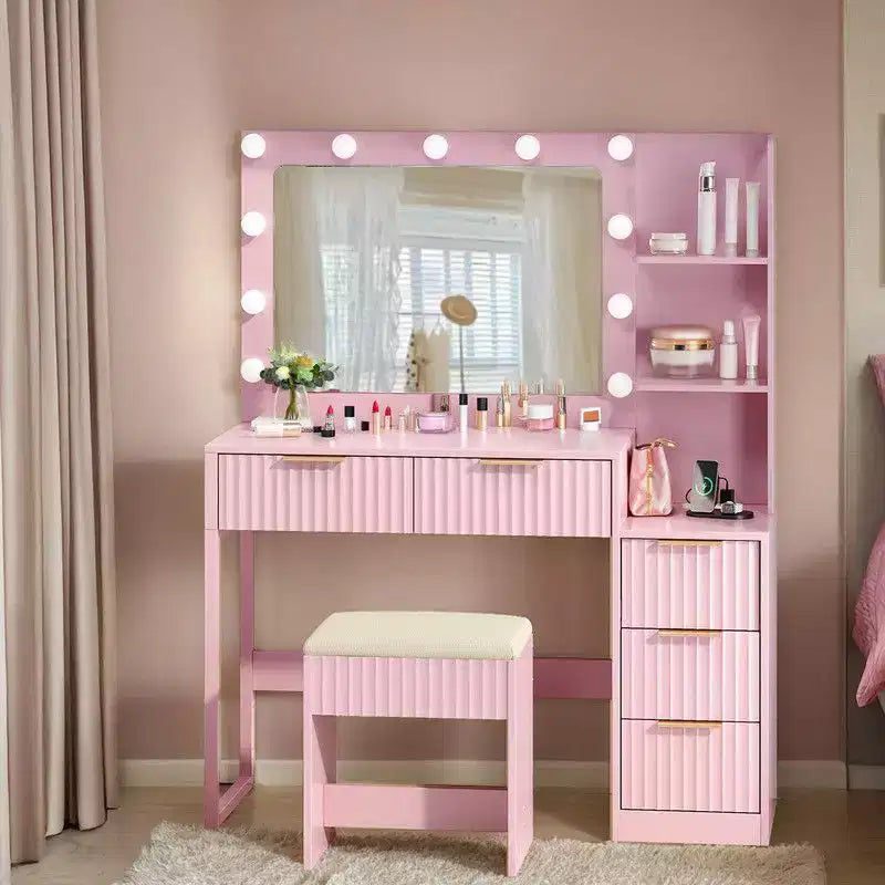 White Particle Board Veneered with Textured Melamine, 5-drawer 2-tier Shelf, comes with 11 Three-color Dimmable Bulbs, Dressing Table Set