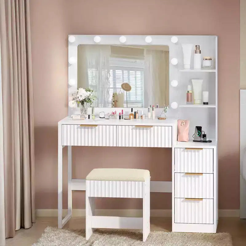 White Particle Board Veneered with Textured Melamine, 5-drawer 2-tier Shelf, comes with 11 Three-color Dimmable Bulbs, Dressing Table Set