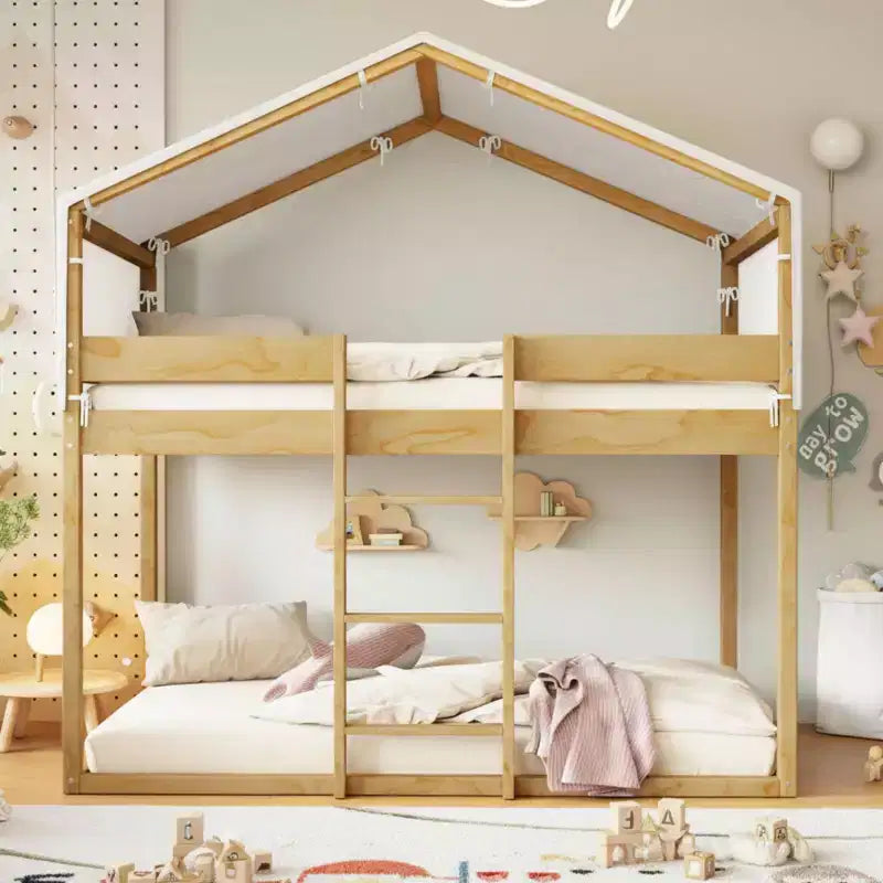 Polibi Twin Over Twin Wooden Bunk Bed with Tent Roof