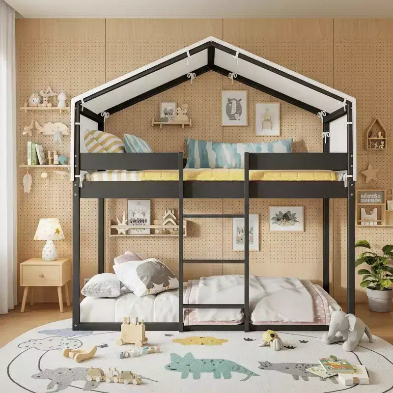 Polibi Twin Over Twin Wooden Bunk Bed with Tent Roof