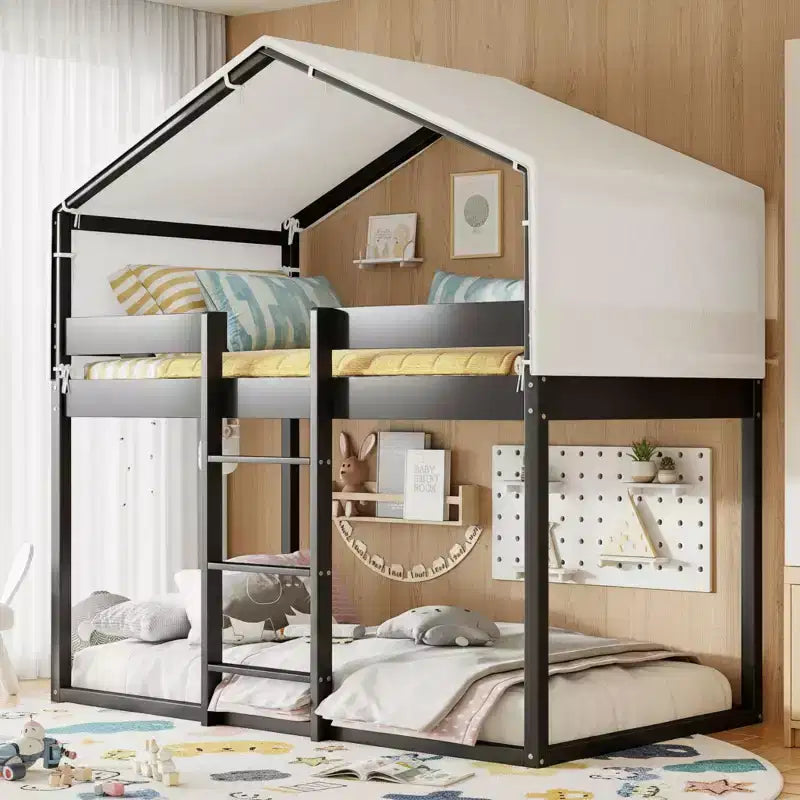 Polibi Twin Over Twin Wooden Bunk Bed with Tent Roof