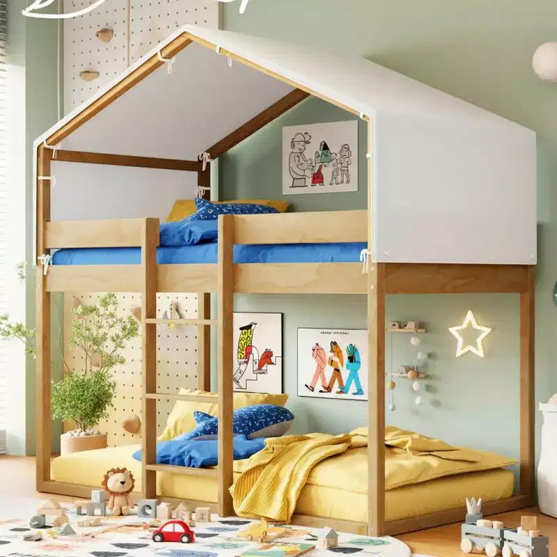 Polibi Twin Over Twin Wooden Bunk Bed with Tent Roof