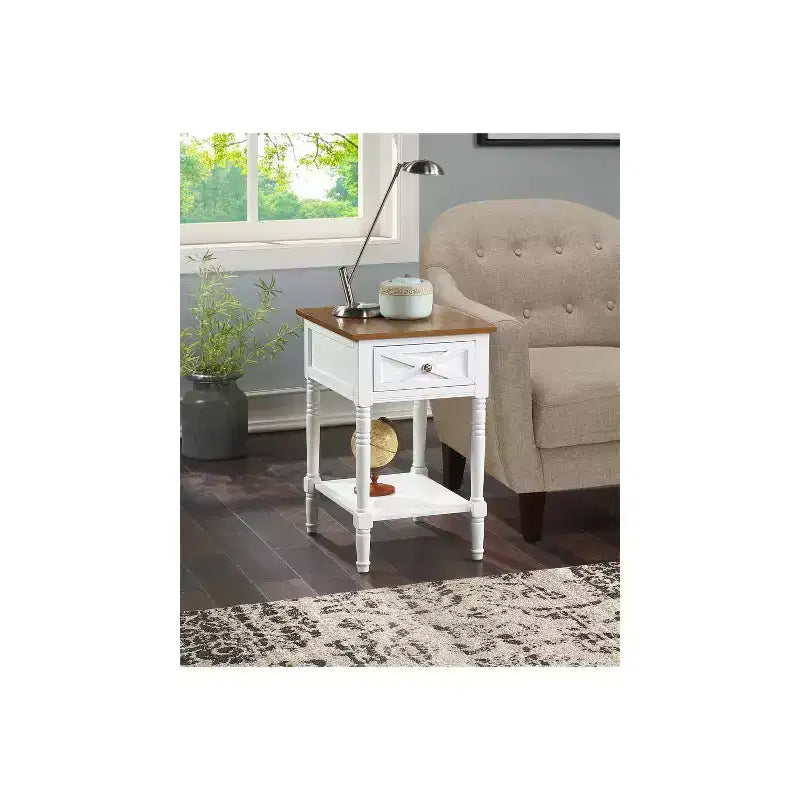 HomeStock Belmont End Table with Built-In Concealed Charging Station, 2 Outlets, 2 USB Ports, Drawer Storage and Bottom Shelf Accent Table
