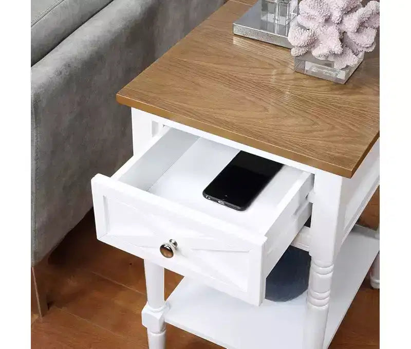 HomeStock Belmont End Table with Built-In Concealed Charging Station, 2 Outlets, 2 USB Ports, Drawer Storage and Bottom Shelf Accent Table